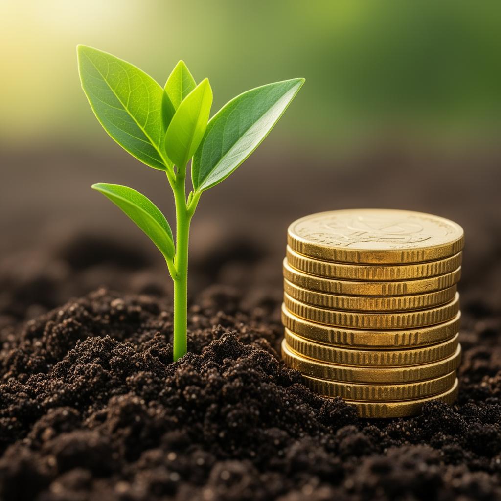 Brote verde junto a monedas, simbolizando inversión en agricultura